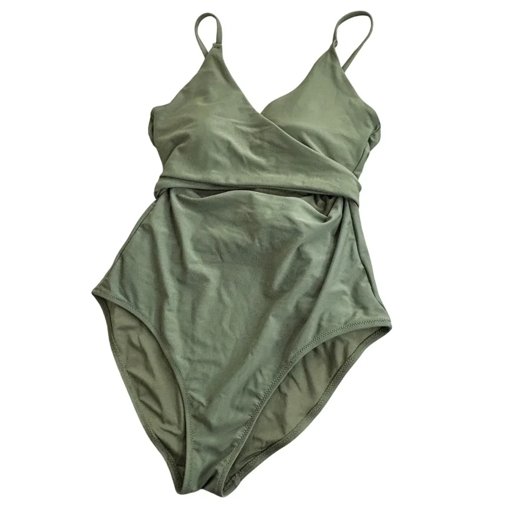 Aerie One Piece Swimsuit Medium Green Nylon Wrap Full Coverage Cutout 0713-3162